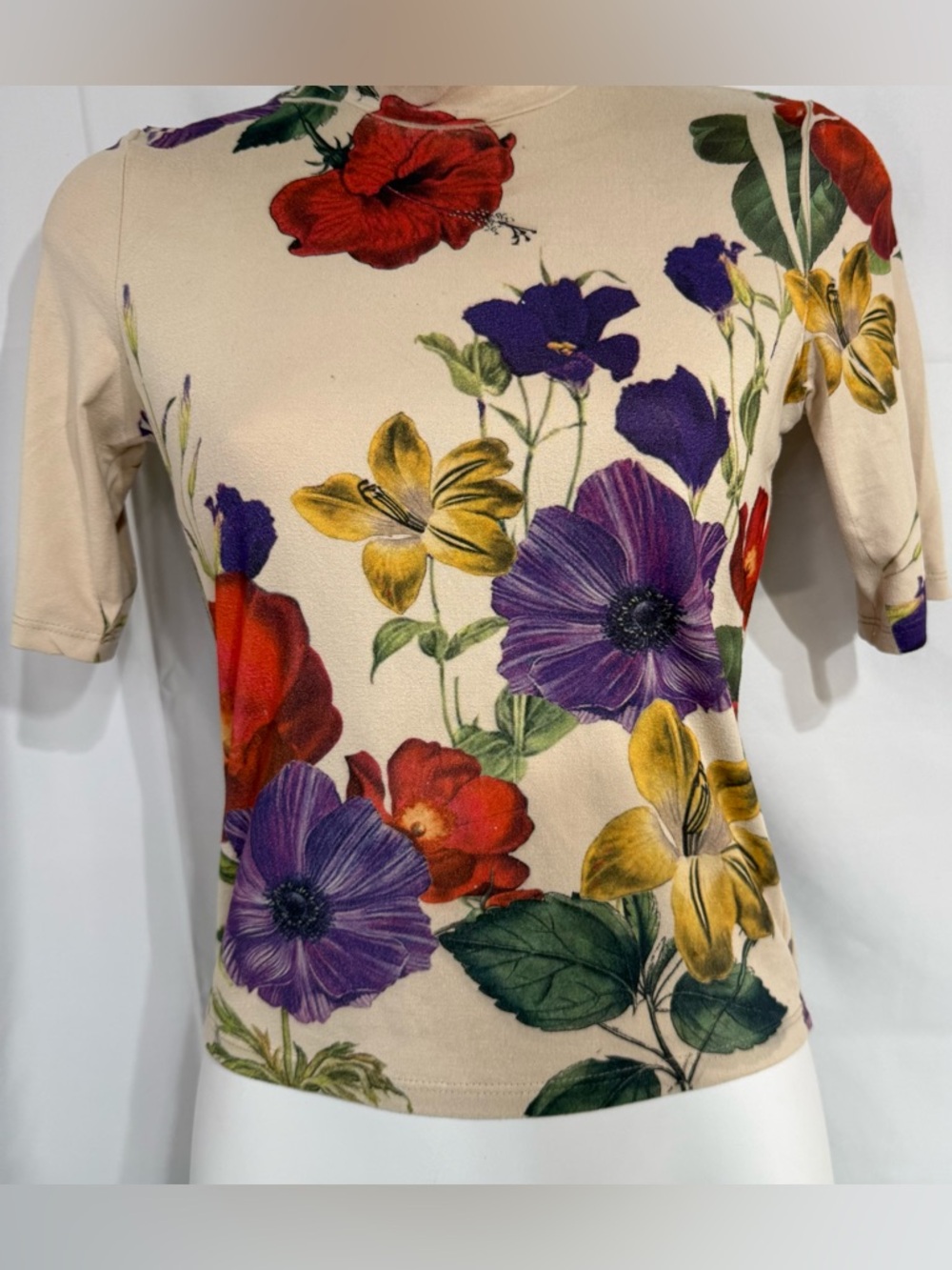 Vintage Y2K Floral Mock Neck Top‎ XS Fitted Stretch Garden Print - Picture 4 of 7